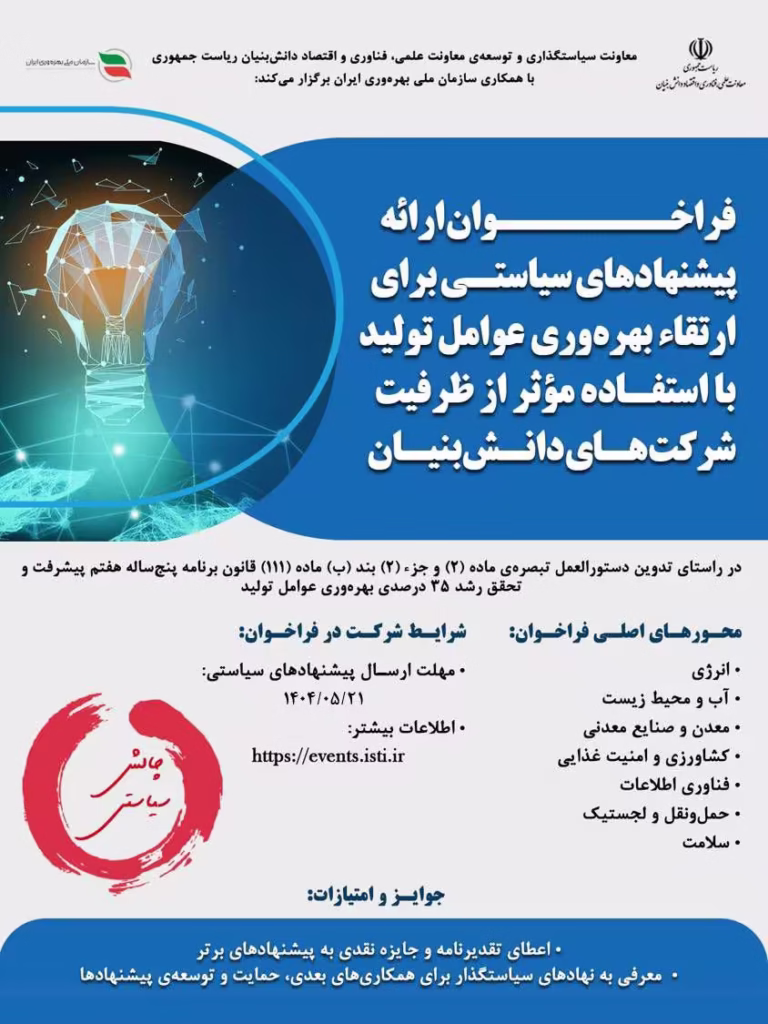 فراخوان ارتقا بهره‌وری عوامل تولید با استفاده از ظرفیت دانش‌بنیان‌ها